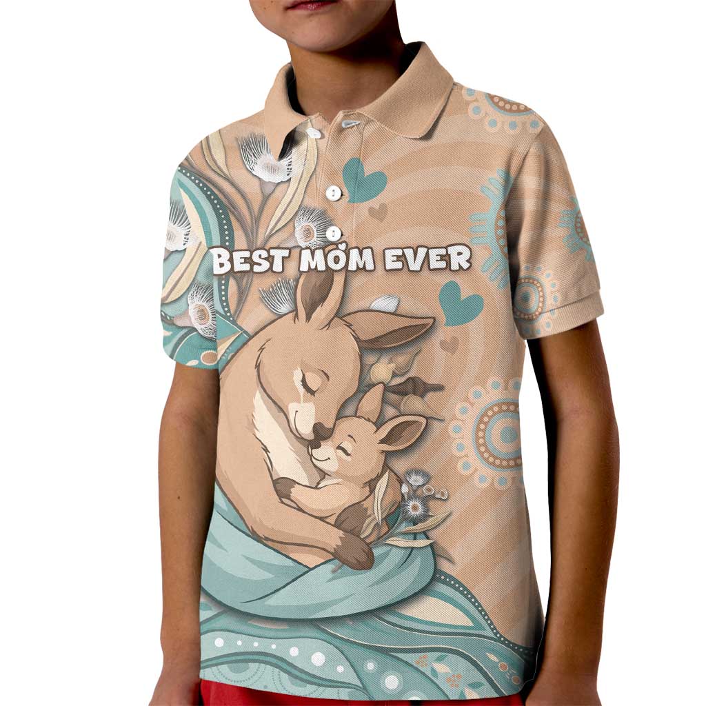 Personalised Australia Mother's Day Kid Polo Shirt Kangaroo Mum And Joey Aboriginal Dot Art