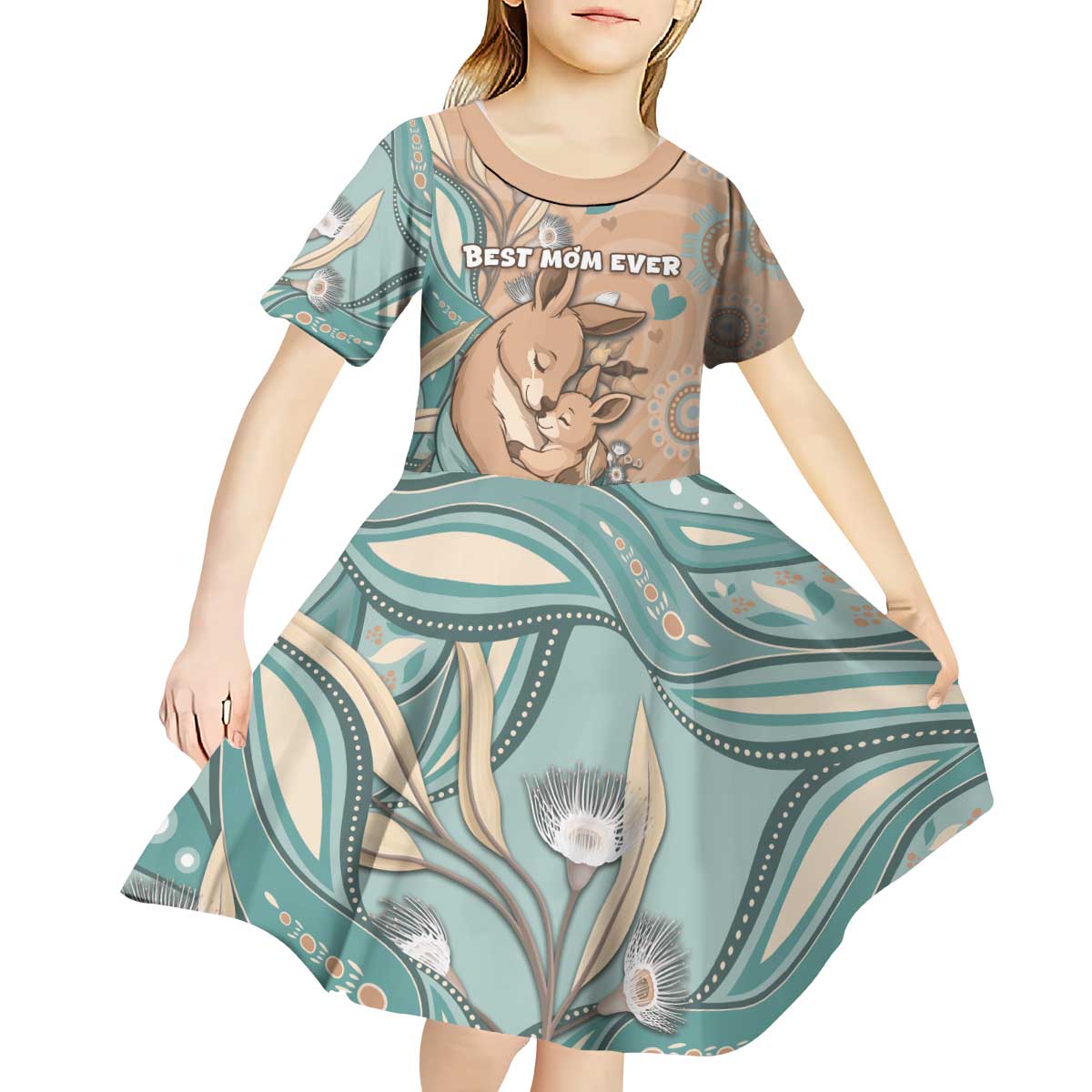 Personalised Australia Mother's Day Kid Short Sleeve Dress Kangaroo Mum And Joey Aboriginal Dot Art