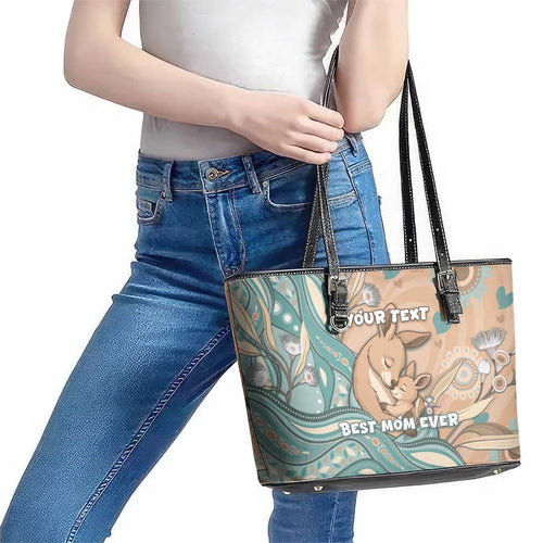Personalised Australia Mother's Day Leather Tote Bag Kangaroo Mum And Joey Aboriginal Dot Art