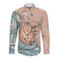 Personalised Australia Mother's Day Long Sleeve Button Shirt Kangaroo Mum And Joey Aboriginal Dot Art
