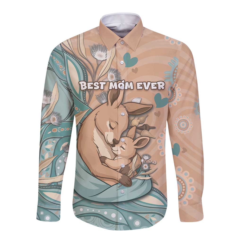 Personalised Australia Mother's Day Long Sleeve Button Shirt Kangaroo Mum And Joey Aboriginal Dot Art
