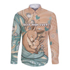 Personalised Australia Mother's Day Long Sleeve Button Shirt Kangaroo Mum And Joey Aboriginal Dot Art