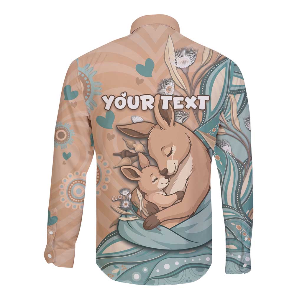 Personalised Australia Mother's Day Long Sleeve Button Shirt Kangaroo Mum And Joey Aboriginal Dot Art