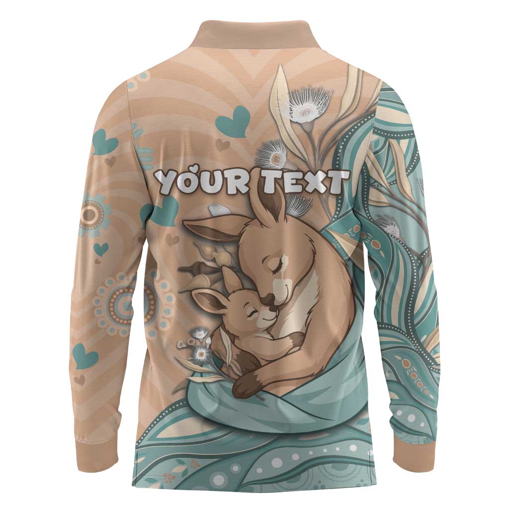 Personalised Australia Mother's Day Long Sleeve Polo Shirt Kangaroo Mum And Joey Aboriginal Dot Art