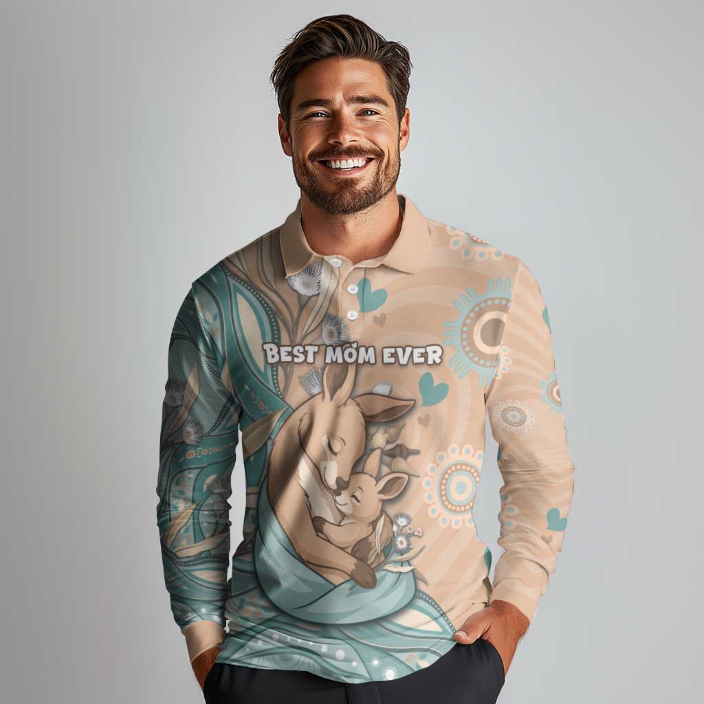 Personalised Australia Mother's Day Long Sleeve Polo Shirt Kangaroo Mum And Joey Aboriginal Dot Art