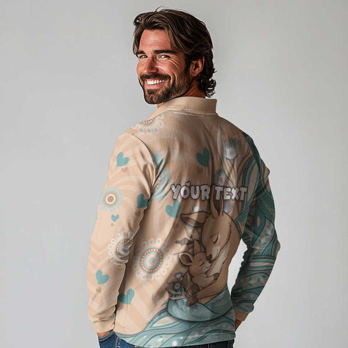 Personalised Australia Mother's Day Long Sleeve Polo Shirt Kangaroo Mum And Joey Aboriginal Dot Art