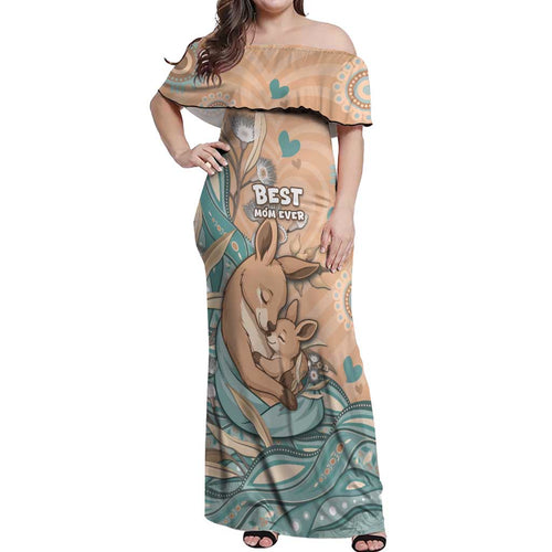 Personalised Australia Mother's Day Off Shoulder Maxi Dress Kangaroo Mum And Joey Aboriginal Dot Art