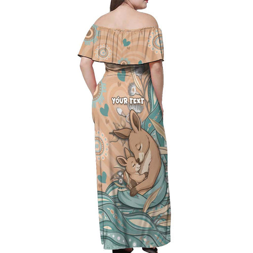 Personalised Australia Mother's Day Off Shoulder Maxi Dress Kangaroo Mum And Joey Aboriginal Dot Art