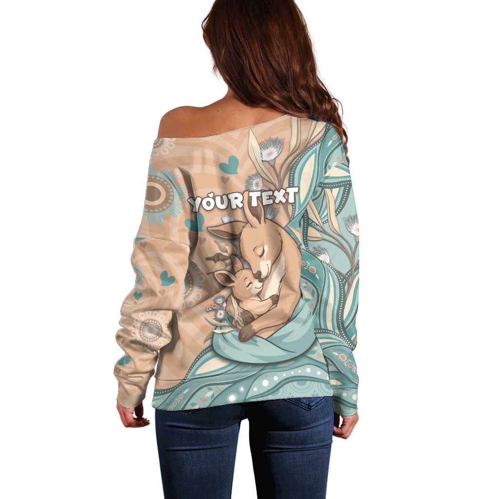 Personalised Australia Mother's Day Off Shoulder Sweater Kangaroo Mum And Joey Aboriginal Dot Art