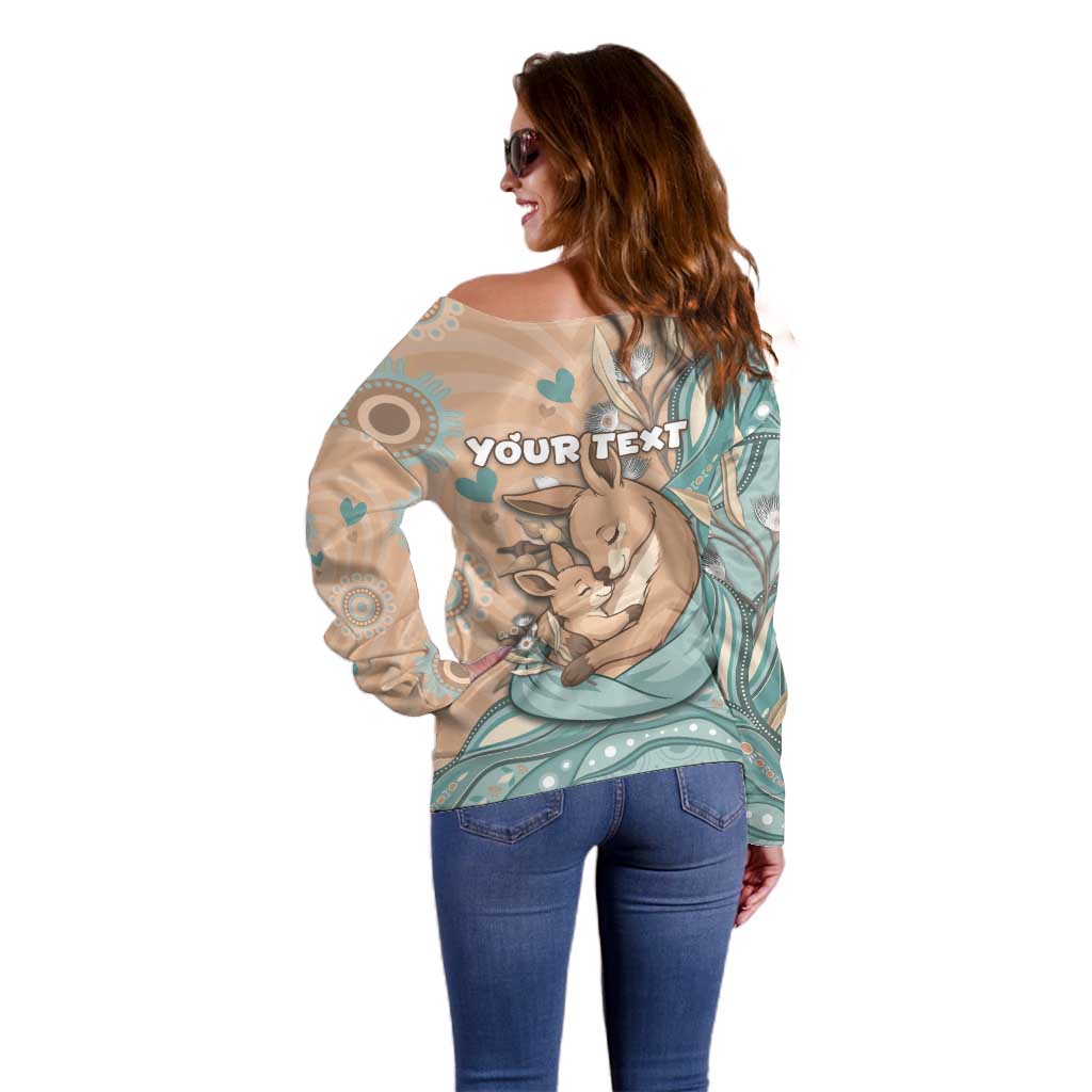 Personalised Australia Mother's Day Off Shoulder Sweater Kangaroo Mum And Joey Aboriginal Dot Art