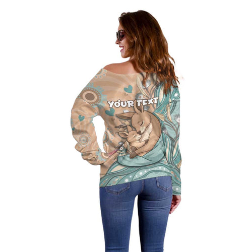 Personalised Australia Mother's Day Off Shoulder Sweater Kangaroo Mum And Joey Aboriginal Dot Art