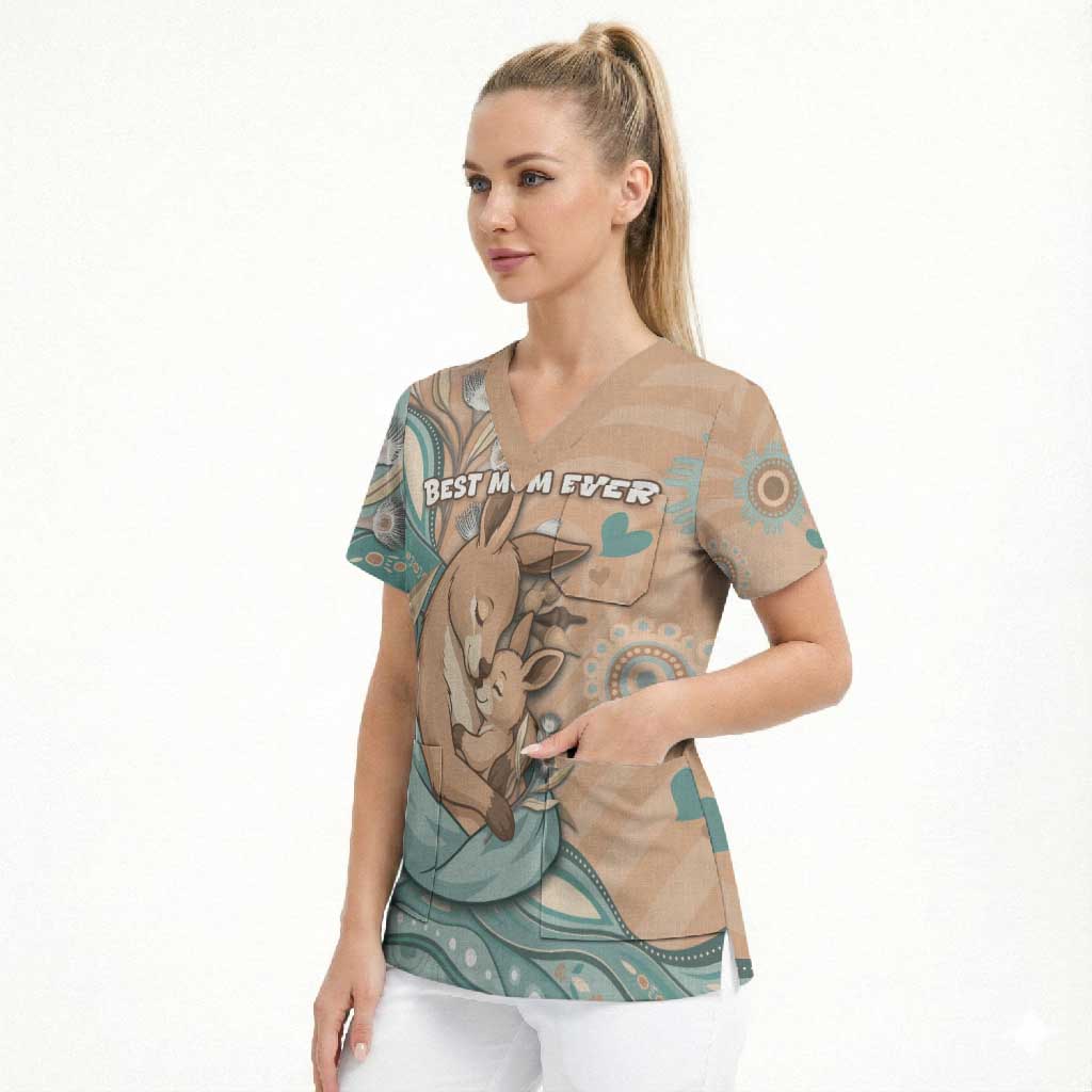 Personalised Australia Mother's Day Scrub Top Kangaroo Mum And Joey Aboriginal Dot Art