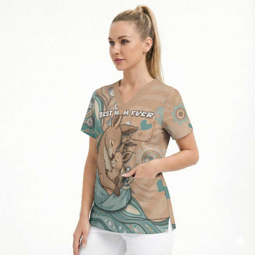 Personalised Australia Mother's Day Scrub Top Kangaroo Mum And Joey Aboriginal Dot Art