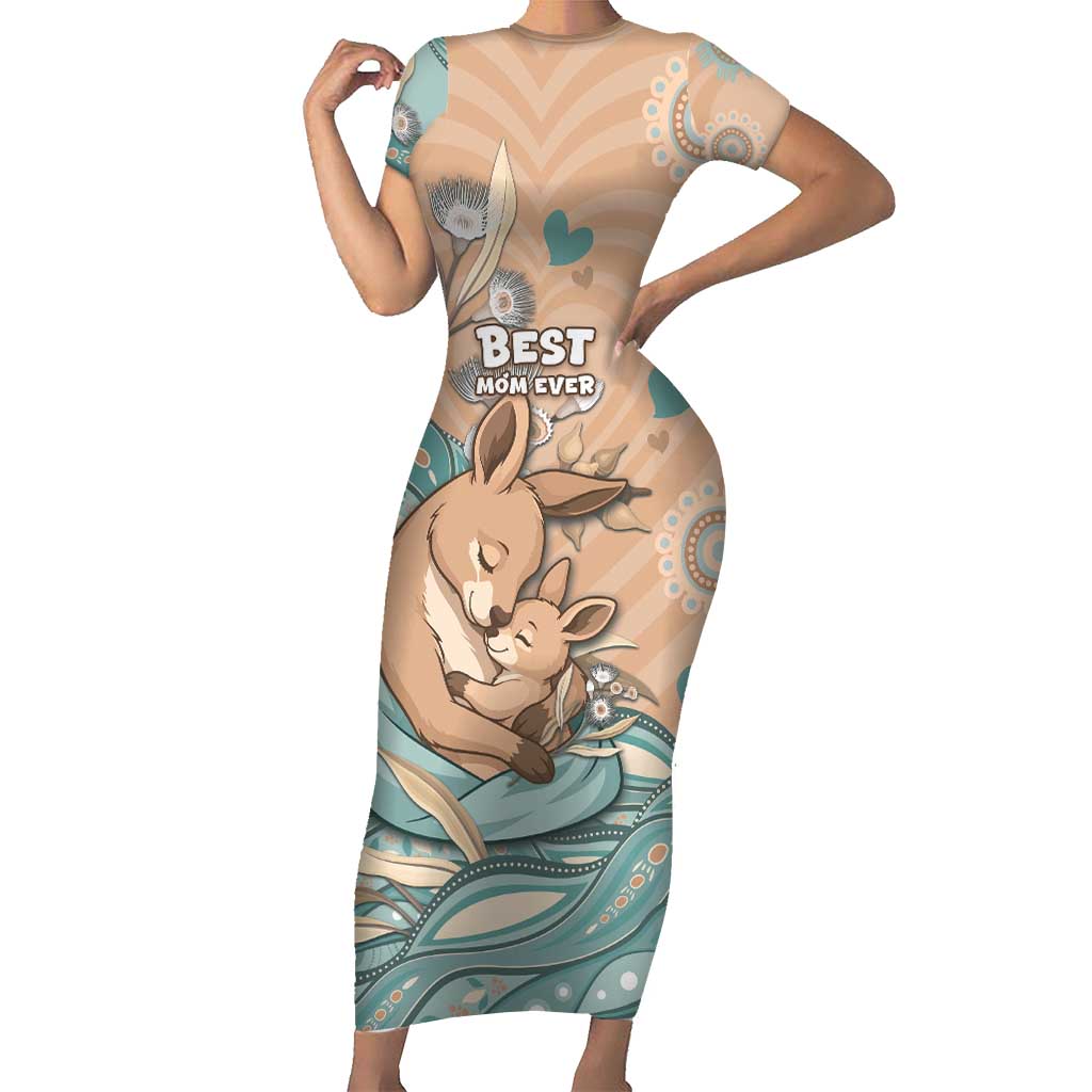 Personalised Australia Mother's Day Short Sleeve Bodycon Dress Kangaroo Mum And Joey Aboriginal Dot Art