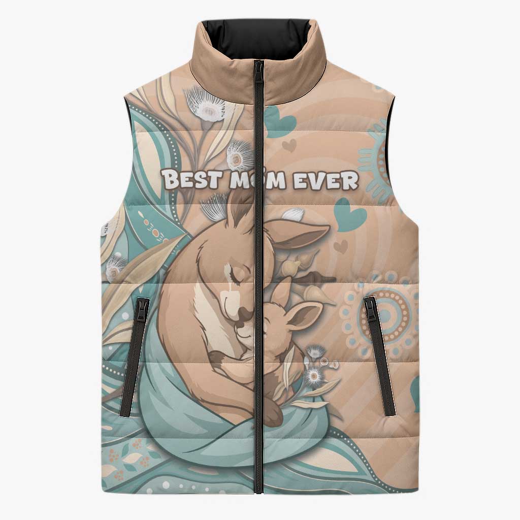 Personalised Australia Mother's Day Sleeveless Puffer Jacket Kangaroo Mum And Joey Aboriginal Dot Art