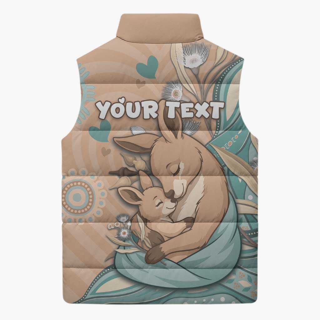 Personalised Australia Mother's Day Sleeveless Puffer Jacket Kangaroo Mum And Joey Aboriginal Dot Art
