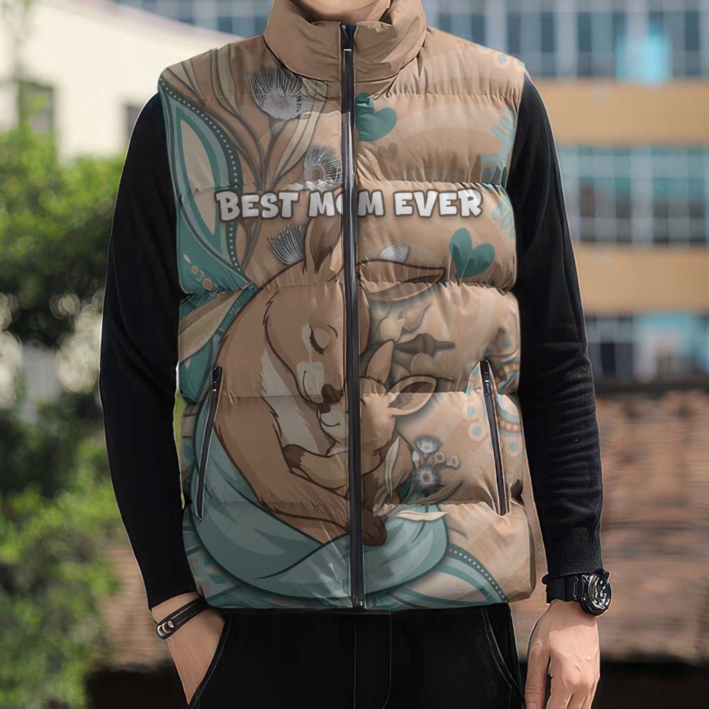 Personalised Australia Mother's Day Sleeveless Puffer Jacket Kangaroo Mum And Joey Aboriginal Dot Art