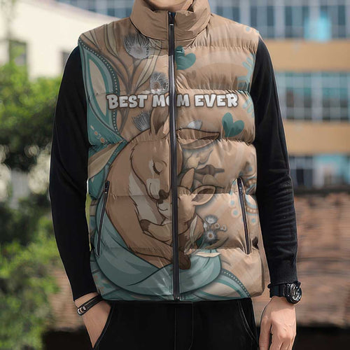 Personalised Australia Mother's Day Sleeveless Puffer Jacket Kangaroo Mum And Joey Aboriginal Dot Art