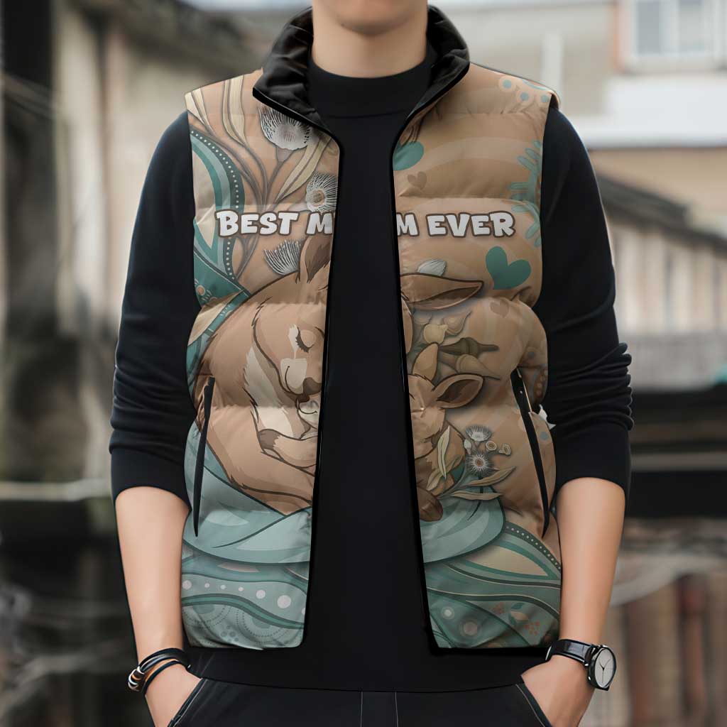 Personalised Australia Mother's Day Sleeveless Puffer Jacket Kangaroo Mum And Joey Aboriginal Dot Art