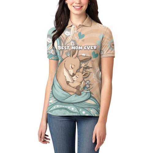 Personalised Australia Mother's Day Women Polo Shirt Kangaroo Mum And Joey Aboriginal Dot Art