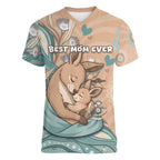Personalised Australia Mother's Day Women V-Neck T-Shirt Kangaroo Mum And Joey Aboriginal Dot Art