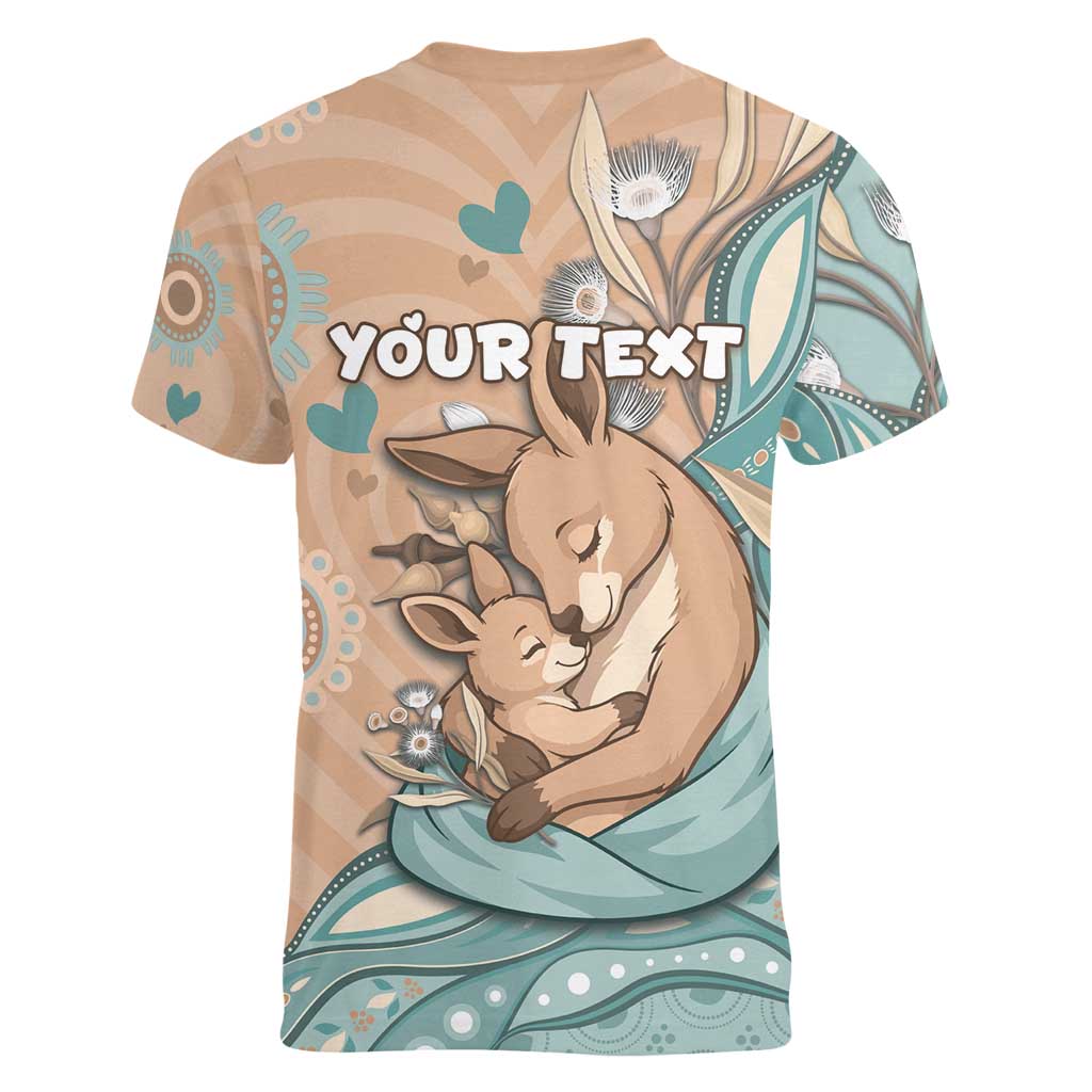 Personalised Australia Mother's Day Women V-Neck T-Shirt Kangaroo Mum And Joey Aboriginal Dot Art