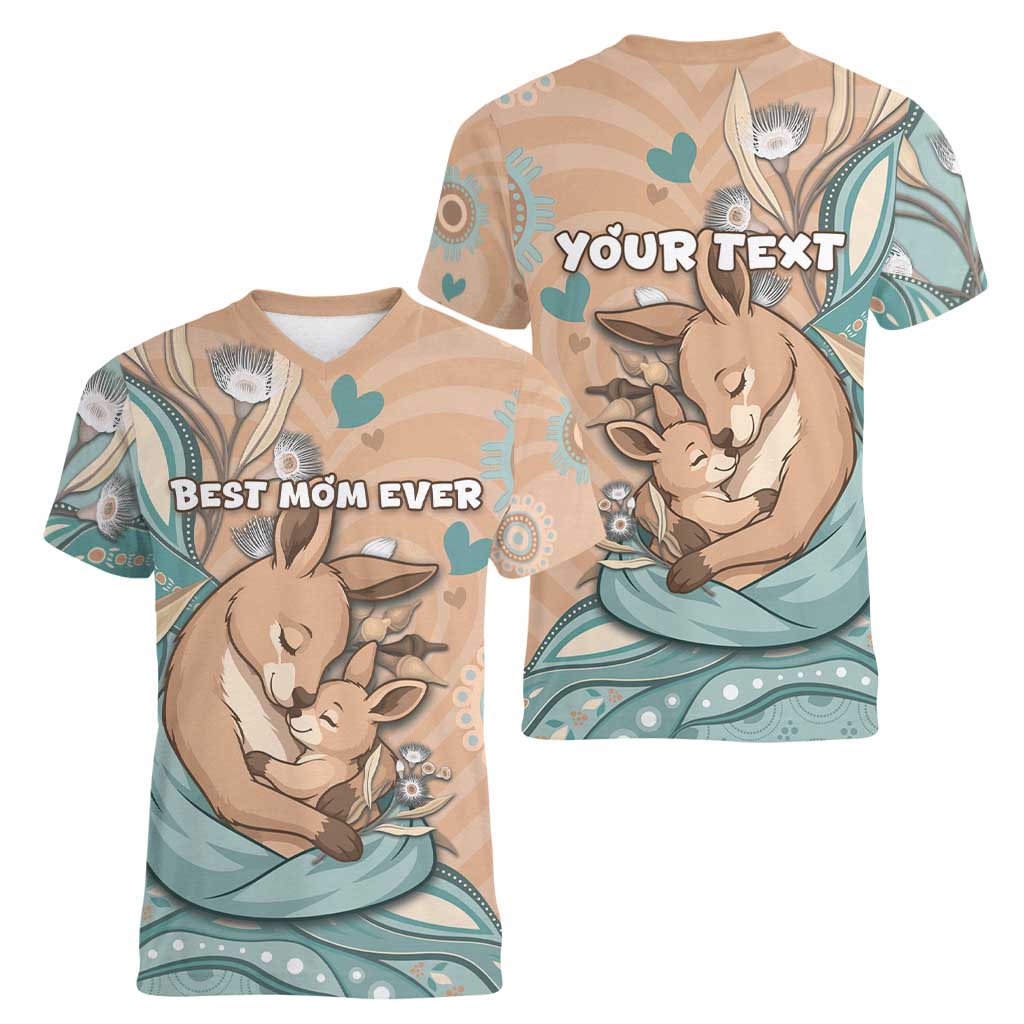 Personalised Australia Mother's Day Women V-Neck T-Shirt Kangaroo Mum And Joey Aboriginal Dot Art