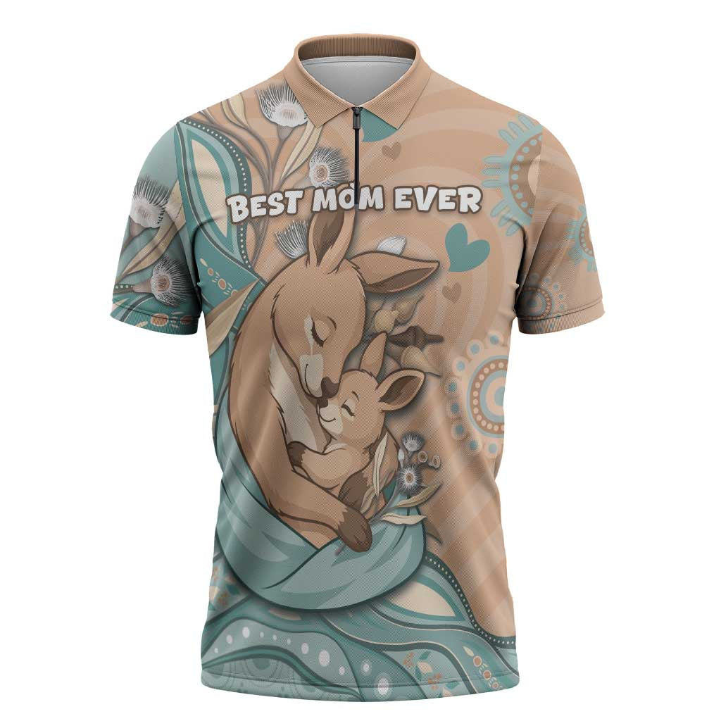 Personalised Australia Mother's Day Zipper Polo Shirt Kangaroo Mum And Joey Aboriginal Dot Art