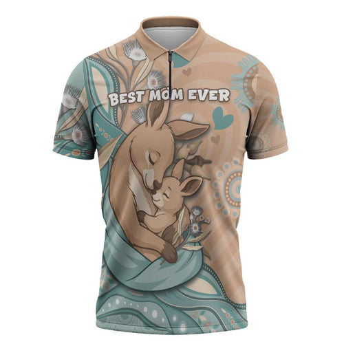Personalised Australia Mother's Day Zipper Polo Shirt Kangaroo Mum And Joey Aboriginal Dot Art