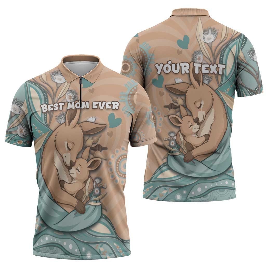 Personalised Australia Mother's Day Zipper Polo Shirt Kangaroo Mum And Joey Aboriginal Dot Art