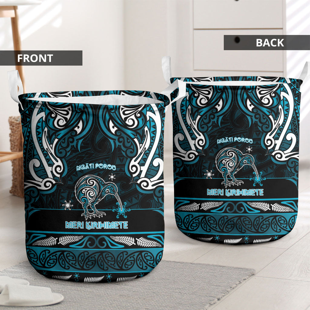 Ngati Porou Aotearoa Meri Kirihimete Laundry Basket Maori Kiwi Bird Silver Fern Koru Pattern