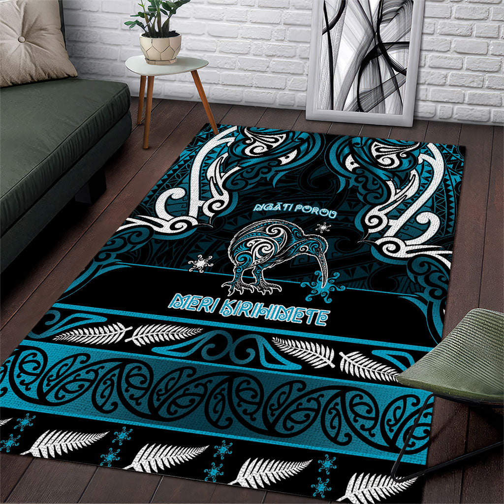 Ngati Porou Aotearoa Meri Kirihimete Area Rug Maori Kiwi Bird Silver Fern Koru Pattern