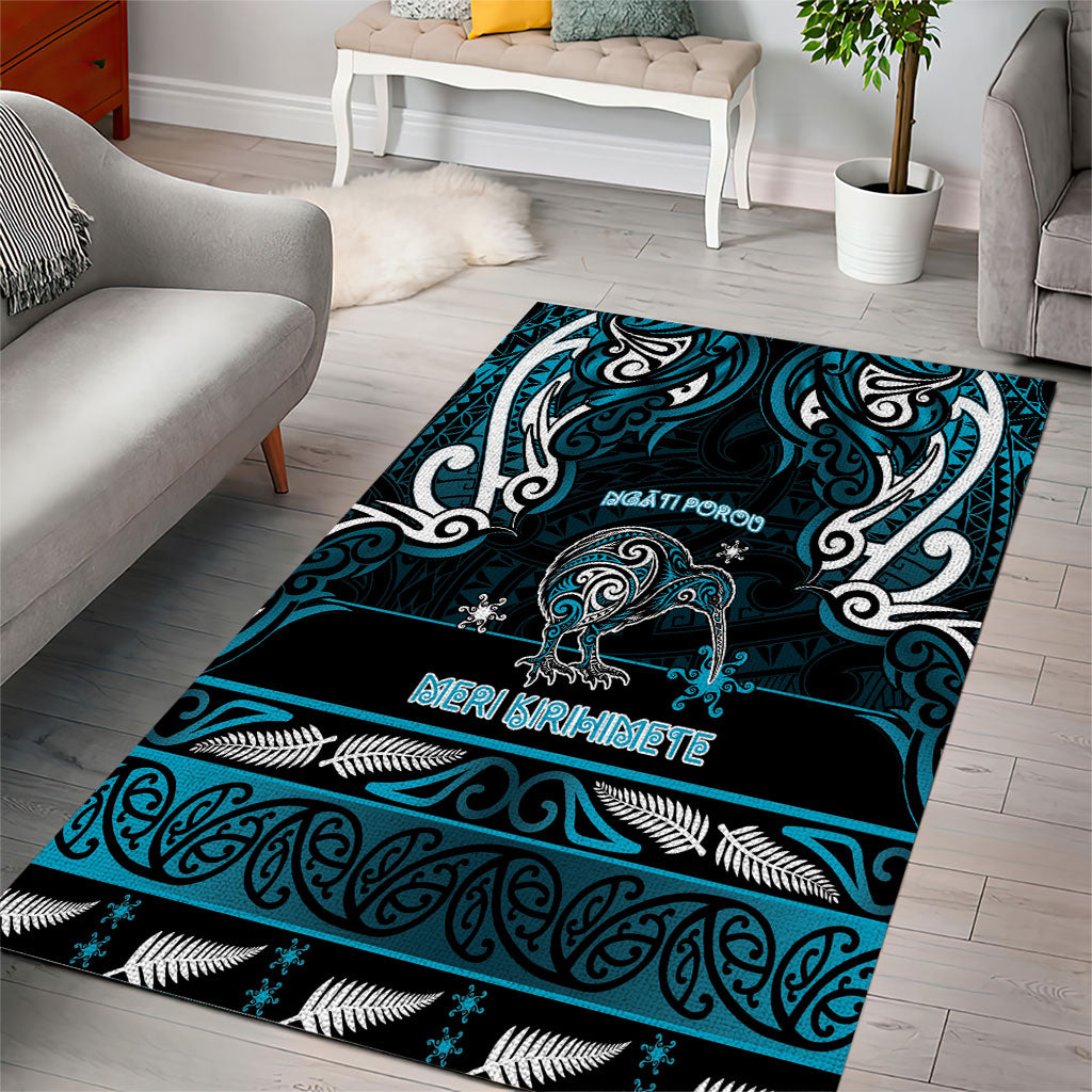 Ngati Porou Aotearoa Meri Kirihimete Area Rug Maori Kiwi Bird Silver Fern Koru Pattern