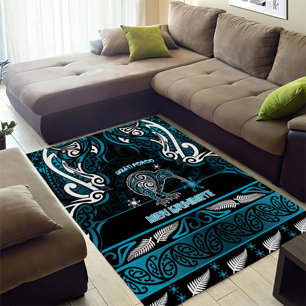 Ngati Porou Aotearoa Meri Kirihimete Area Rug Maori Kiwi Bird Silver Fern Koru Pattern