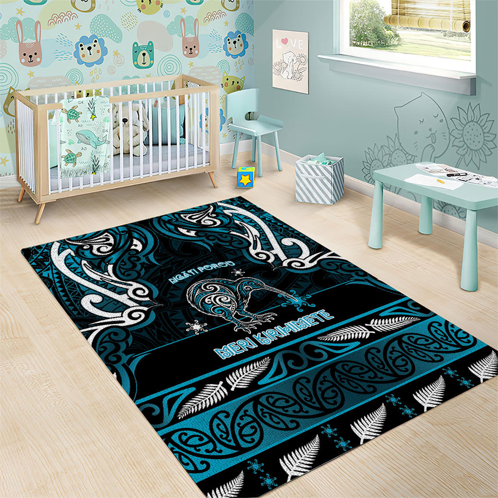 Ngati Porou Aotearoa Meri Kirihimete Area Rug Maori Kiwi Bird Silver Fern Koru Pattern