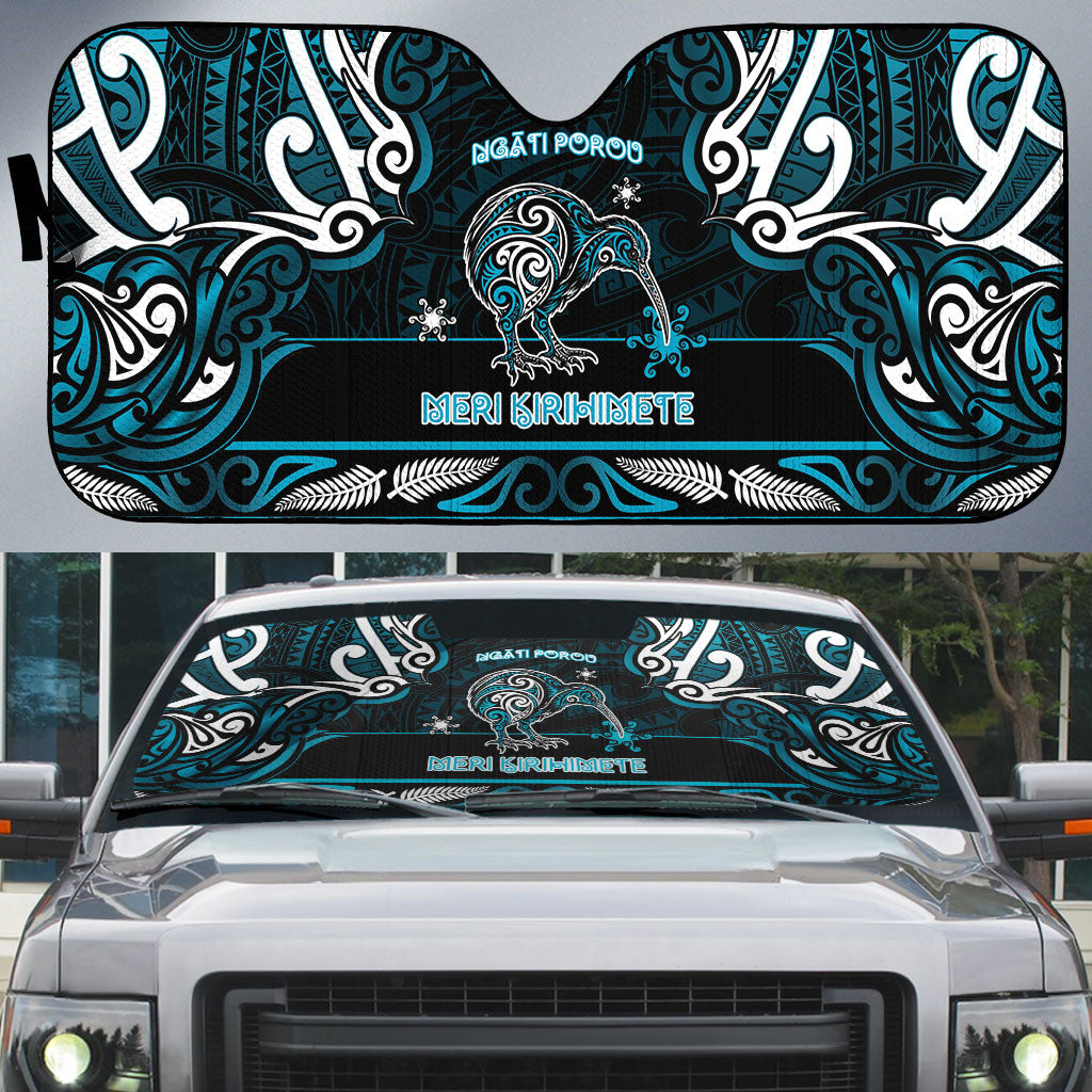 Ngati Porou Aotearoa Meri Kirihimete Auto Sun Shade Maori Kiwi Bird Silver Fern Koru Pattern