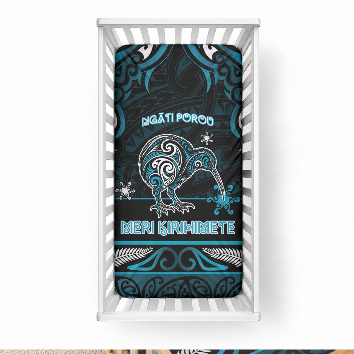 Ngati Porou Aotearoa Meri Kirihimete Baby Bed Cover Maori Kiwi Bird Silver Fern Koru Pattern