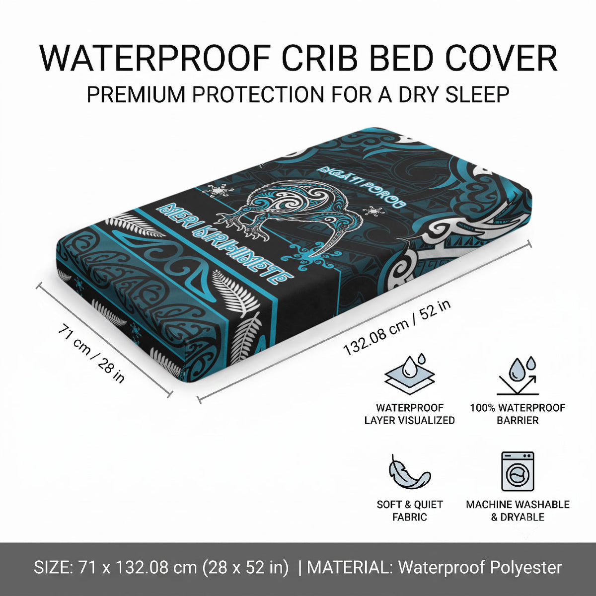 Ngati Porou Aotearoa Meri Kirihimete Baby Bed Cover Maori Kiwi Bird Silver Fern Koru Pattern