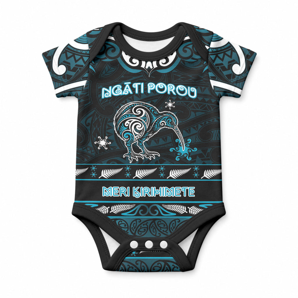 Personalised Ngati Porou Aotearoa Meri Kirihimete Baby Onesie Maori Kiwi Bird Silver Fern Koru Pattern