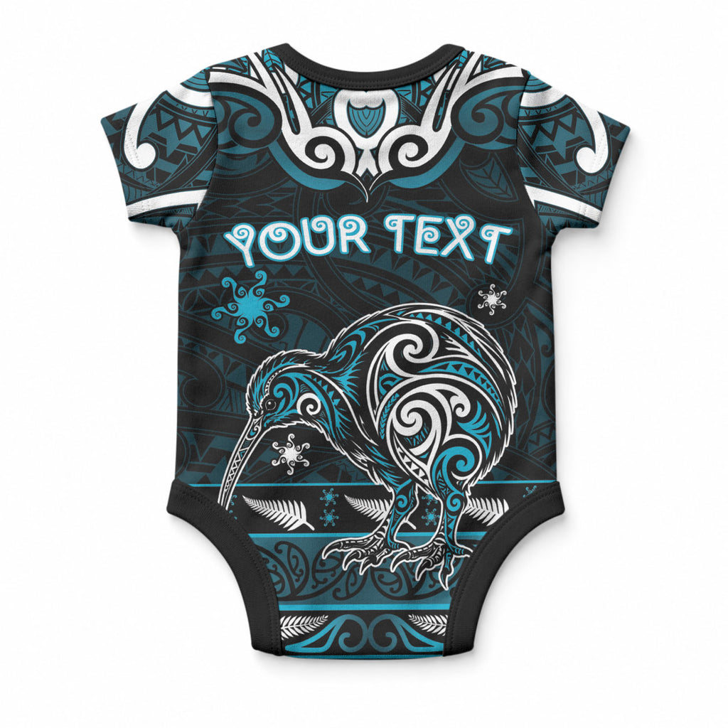 Personalised Ngati Porou Aotearoa Meri Kirihimete Baby Onesie Maori Kiwi Bird Silver Fern Koru Pattern