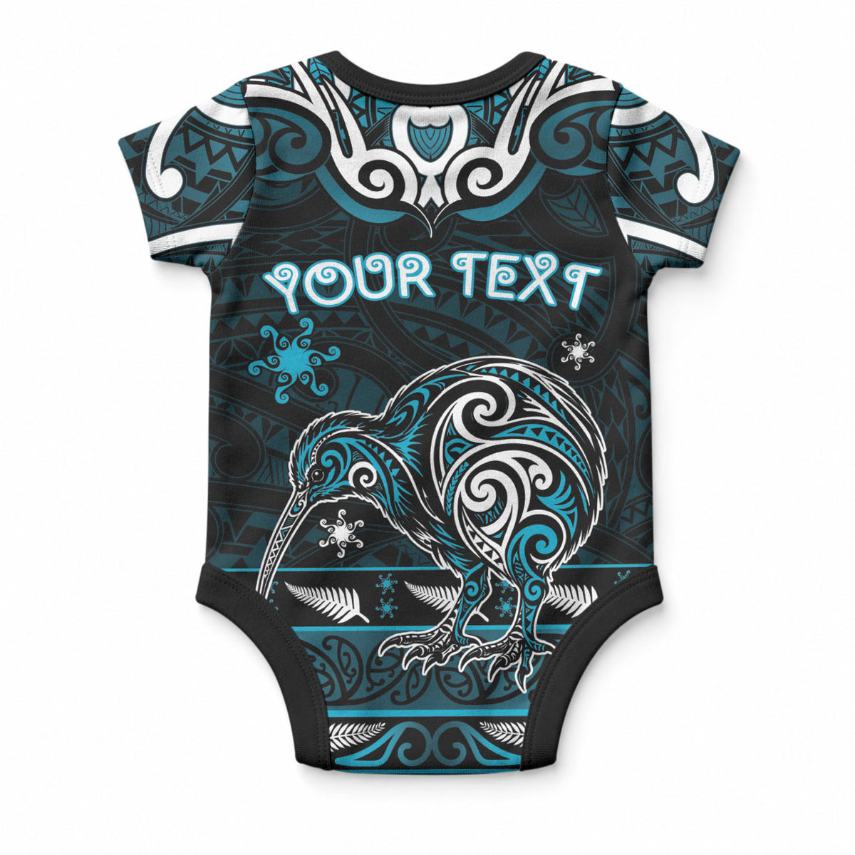 Personalised Ngati Porou Aotearoa Meri Kirihimete Baby Onesie Maori Kiwi Bird Silver Fern Koru Pattern