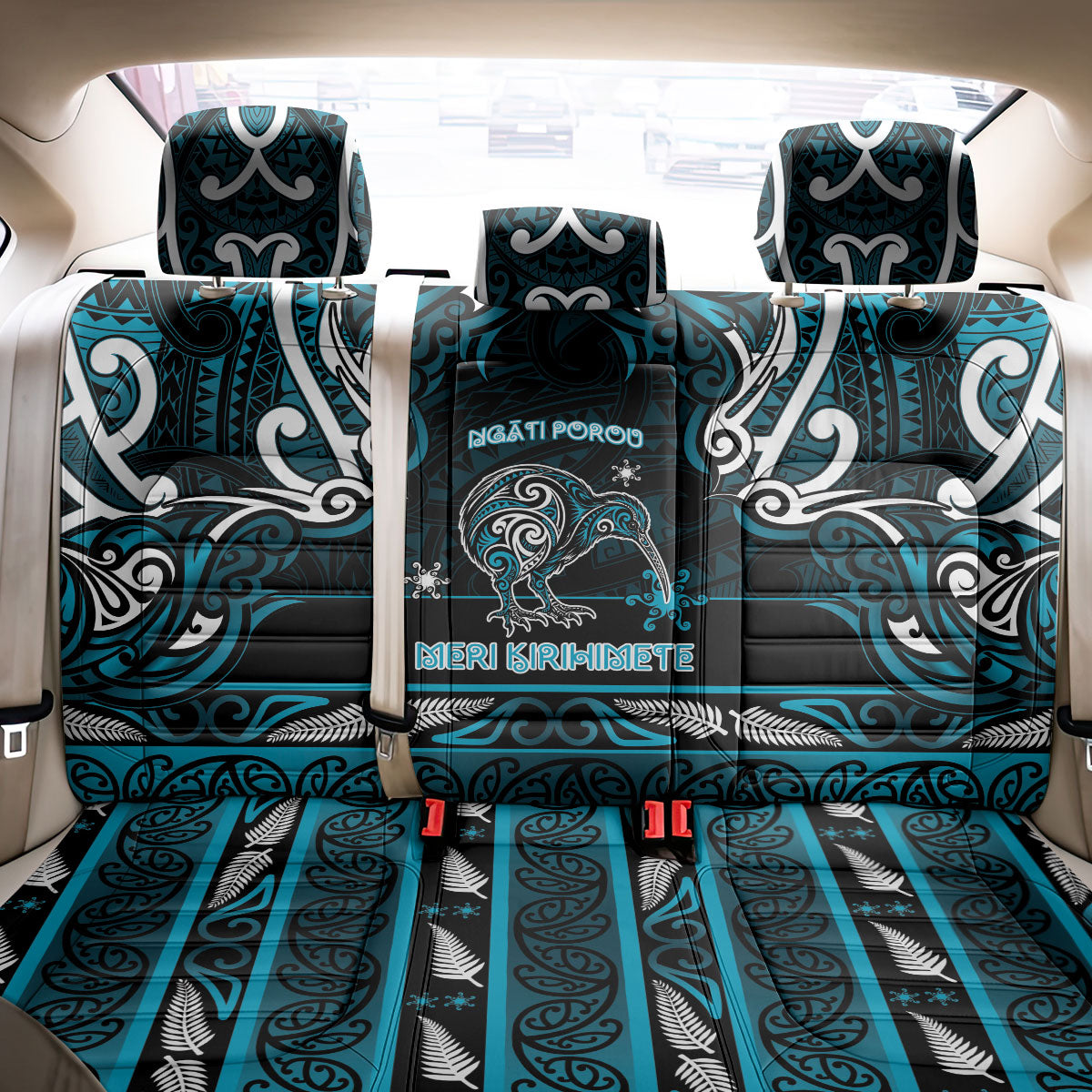 Ngati Porou Aotearoa Meri Kirihimete Back Car Seat Cover Maori Kiwi Bird Silver Fern Koru Pattern