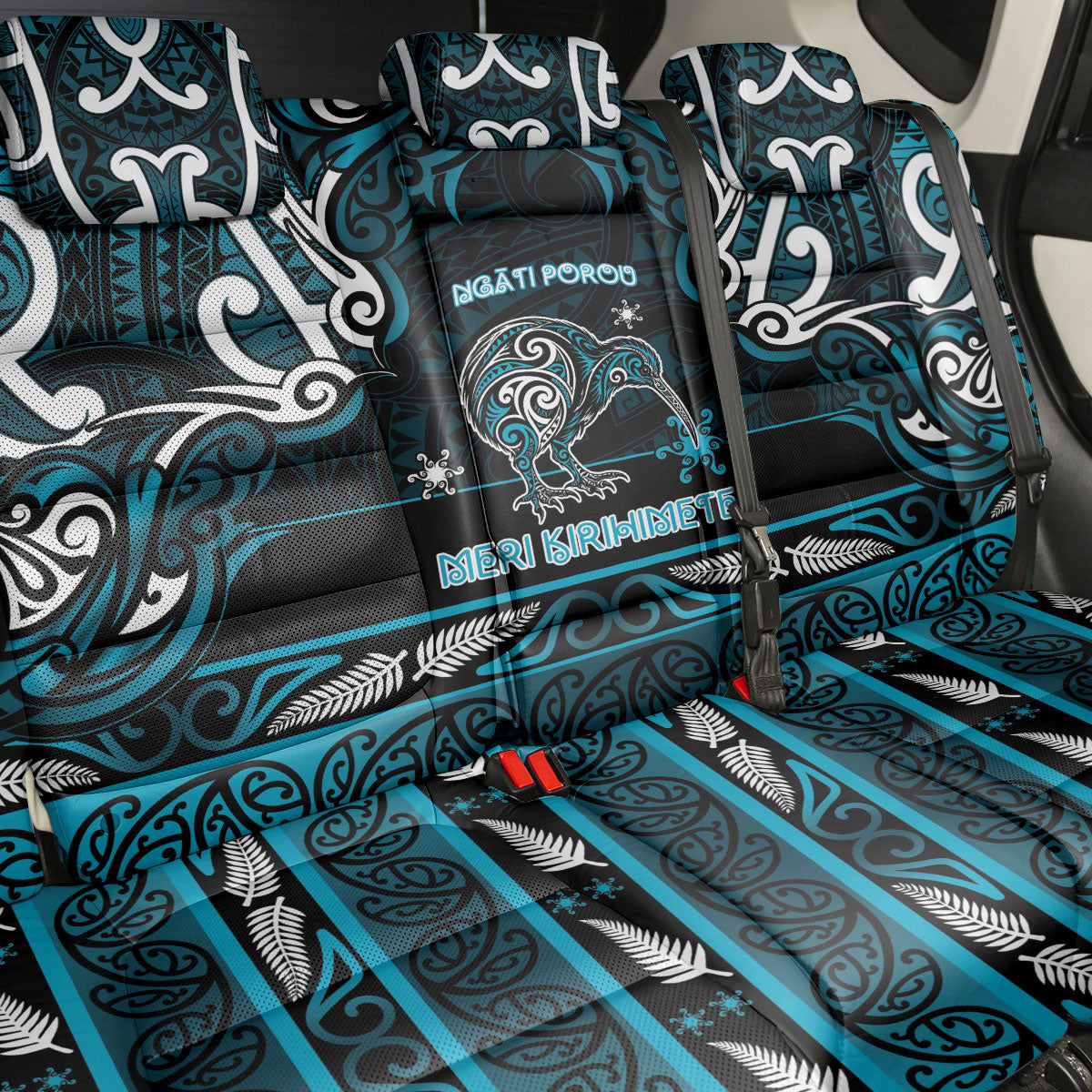 Ngati Porou Aotearoa Meri Kirihimete Back Car Seat Cover Maori Kiwi Bird Silver Fern Koru Pattern