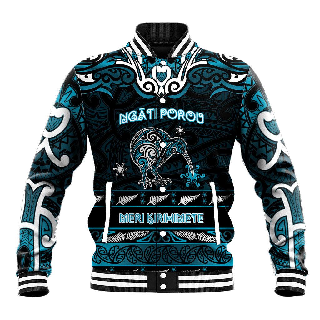 Personalised Ngati Porou Aotearoa Meri Kirihimete Baseball Jacket Maori Kiwi Bird Silver Fern Koru Pattern