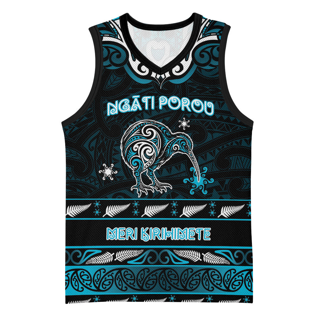 Personalised Ngati Porou Aotearoa Meri Kirihimete Basketball Jersey Maori Kiwi Bird Silver Fern Koru Pattern