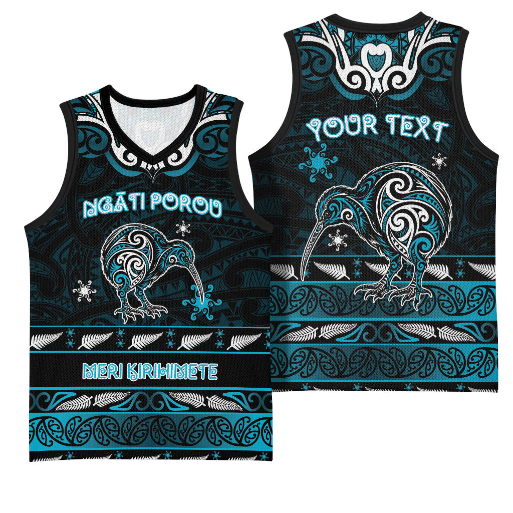 Personalised Ngati Porou Aotearoa Meri Kirihimete Basketball Jersey Maori Kiwi Bird Silver Fern Koru Pattern