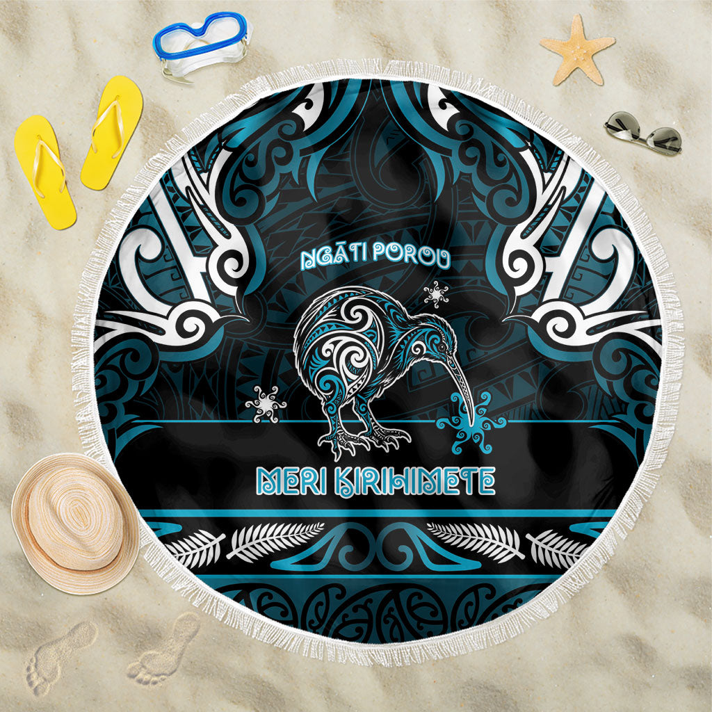 Ngati Porou Aotearoa Meri Kirihimete Beach Blanket Maori Kiwi Bird Silver Fern Koru Pattern