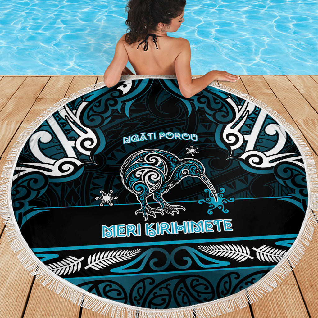 Ngati Porou Aotearoa Meri Kirihimete Beach Blanket Maori Kiwi Bird Silver Fern Koru Pattern
