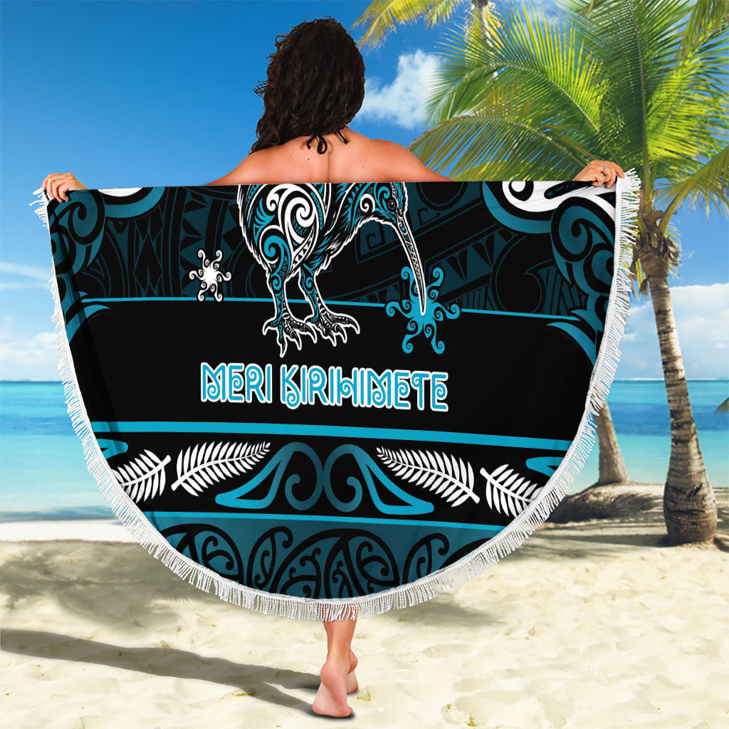 Ngati Porou Aotearoa Meri Kirihimete Beach Blanket Maori Kiwi Bird Silver Fern Koru Pattern