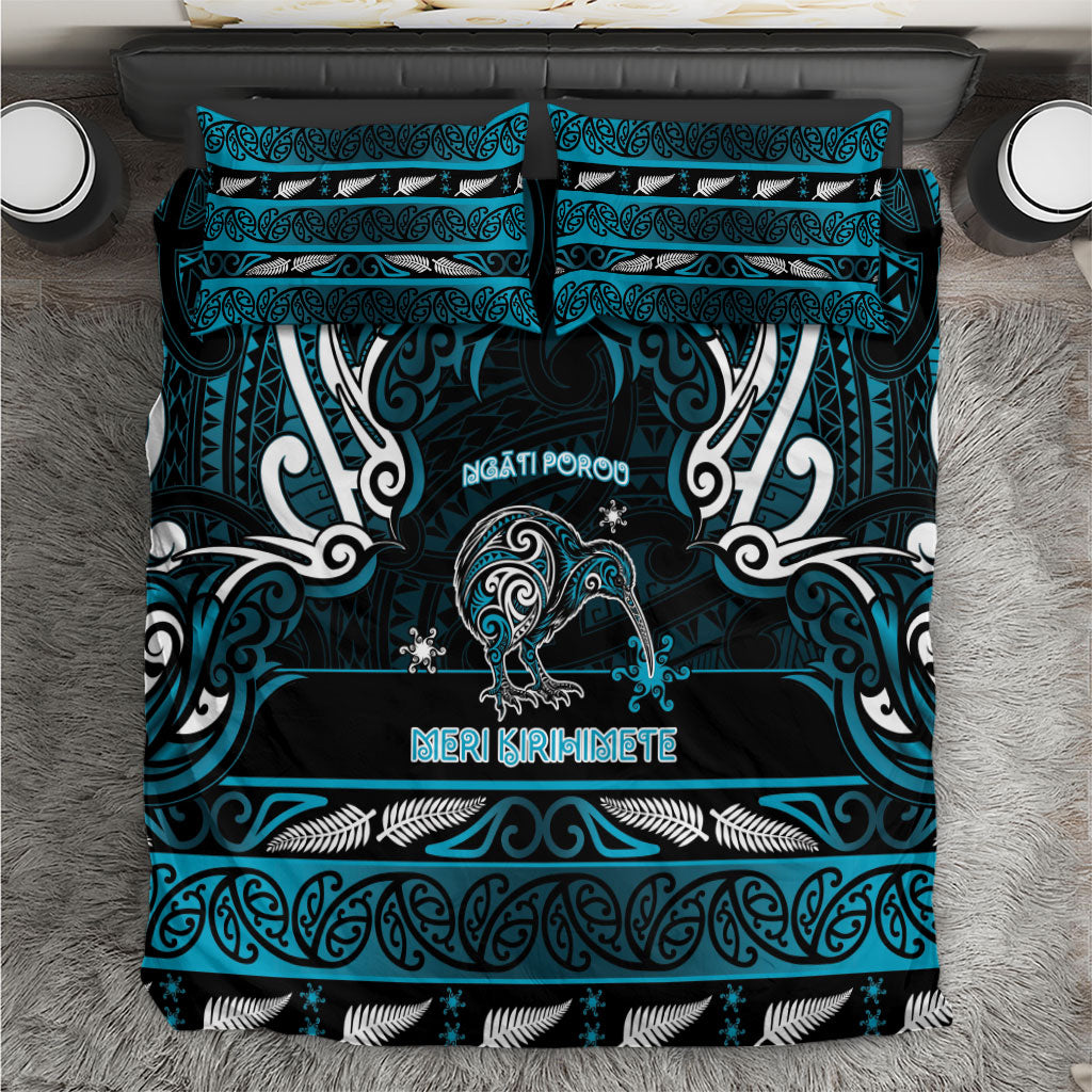Ngati Porou Aotearoa Meri Kirihimete Bedding Set Maori Kiwi Bird Silver Fern Koru Pattern